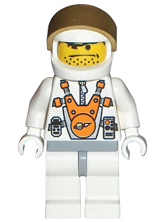 This LEGO minifigure is called, Mars Mission Astronaut with Helmet and Orange Sunglasses on Forehead, Stubble . It's minifig ID is mm007.