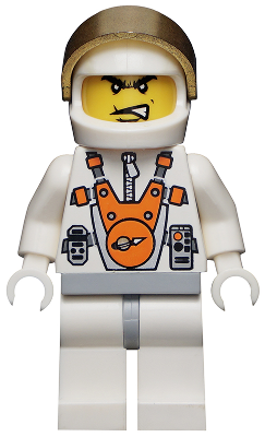 Display of LEGO Space Mars Mission Astronaut with Helmet and Angry Black Eyebrows and Messy Hair