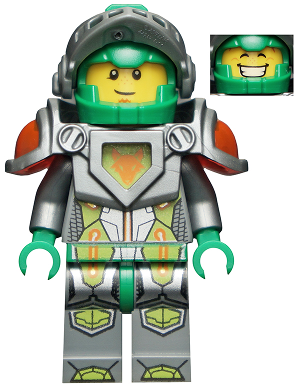 This LEGO minifigure is called, Aaron, Flat Silver Visor, 2 Clips and 2 Tow Balls on Back . It's minifig ID is nex035.