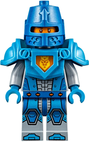 This LEGO minifigure is called, Nexo Knight Soldier, Dark Azure Armor, Blue Helmet with Eye Slit, Dark Azure Hands . It's minifig ID is nex039b.