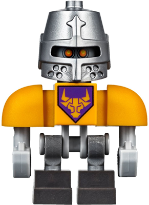 This LEGO minifigure is called, Axl Bot, Bright Light Orange Shoulders, Flat Silver Helmet . It's minifig ID is nex060.