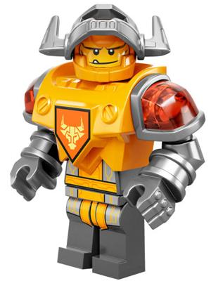 This LEGO minifigure is called, Axl, Flat Silver Visor, Bright Light Orange Torso (Battle Suit Axl) . It's minifig ID is nex079.