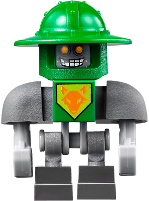 Display of LEGO Nexo Knights Aaron Bot, Dark Bluish Gray Shoulders and Green Helmet
