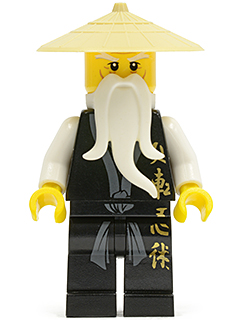 This LEGO minifigure is called, Wu Sensei, Black Kimono with Gold Symbols, Dark Bluish Gray Sash, Tan Asian Hat, White Beard . It's minifig ID is njo026.