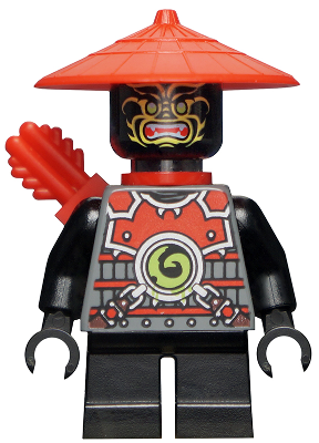 This LEGO minifigure is called, Stone Army Scout, Yellow Face, Red Quiver, Short Legs . It's minifig ID is njo072.