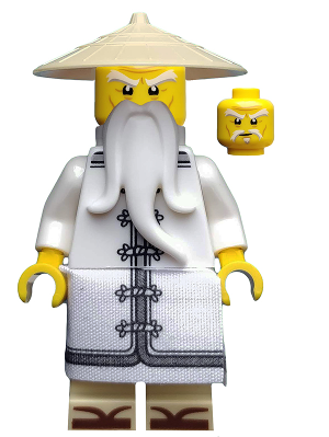 This LEGO minifigure is called, Sensei Wu, The LEGO Ninjago Movie, White Robe, Zori Sandals, Raised Eyebrows . It's minifig ID is njo354.