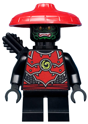 This LEGO minifigure is called, Stone Army Scout, Green Face . It's minifig ID is njo500.
