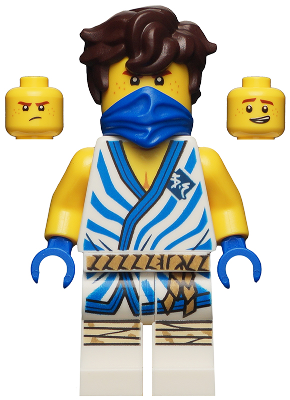Display of LEGO Ninjago Jay, Legacy, White Tunic with Blue Trim and Stripes