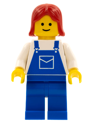 This LEGO minifigure is called, Overalls Blue with Pocket, Blue Legs, Red Female Hair . It's minifig ID is ovr029.