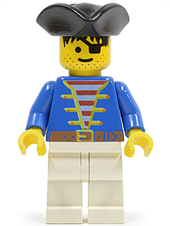 This LEGO minifigure is called, Pirate Blue Jacket White Legs, Black Pirate Triangle Hat . It's minifig ID is pi006.