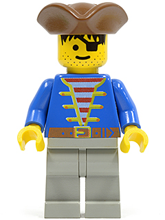 This LEGO minifigure is called, Pirate Blue Jacket, Light Gray Legs, Brown Pirate Triangle Hat . It's minifig ID is pi008.