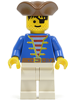 Display of LEGO Pirates Pirate Blue Jacket, White Legs, Brown Pirate Triangle Hat