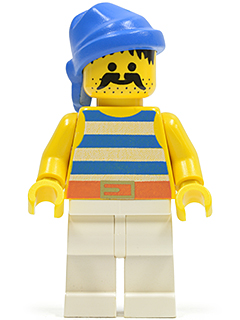 This LEGO minifigure is called, Pirate Blue / White Stripes Shirt, White Legs, Blue Bandana . It's minifig ID is pi019.