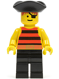 This LEGO minifigure is called, Pirate Red / Black Stripes Shirt, Black Legs, Black Pirate Triangle Hat . It's minifig ID is pi025.