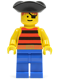 This LEGO minifigure is called, Pirate Red / Black Stripes Shirt, Blue Legs, Black Pirate Triangle Hat . It's minifig ID is pi026.