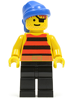 This LEGO minifigure is called, Pirate Red / Black Stripes Shirt, Black Legs, Blue Bandana . It's minifig ID is pi027.