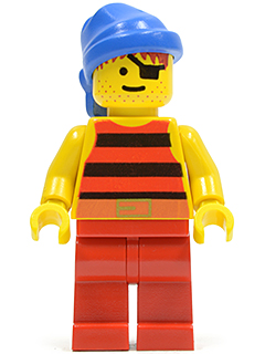 Display of LEGO Pirates Pirate Red / Black Stripes Shirt, Red Legs, Blue Bandana