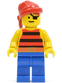 This LEGO minifigure is called, Pirate Red / Black Stripes Shirt, Blue Legs, Red Bandana . It's minifig ID is pi032.