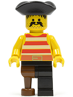 This LEGO minifigure is called, Pirate Red / White Stripes Shirt, Black Leg with Peg Leg, Black Pirate Triangle Hat . It's minifig ID is pi038.