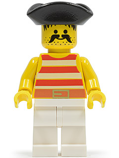 This LEGO minifigure is called, Pirate Red / White Stripes Shirt, White Legs, Black Pirate Triangle Hat . It's minifig ID is pi039.