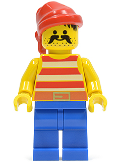 Display of LEGO Pirates Pirate Red / White Stripes Shirt, Blue Legs, Red Bandana
