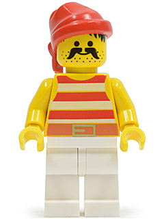 Display of LEGO Pirates Pirate Red / White Stripes Shirt, White Legs, Red Bandana