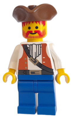 This LEGO minifigure is called, Pirate Brown Vest Ascot, Blue Legs, Brown Pirate Triangle Hat . It's minifig ID is pi054.