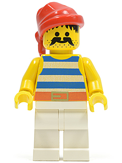 Display of LEGO Pirates Pirate Blue / White Stripes Shirt, White Legs, Red Bandana