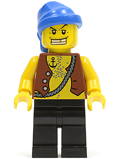 This LEGO minifigure is called, Pirate Vest and Anchor Tattoo, Black Legs, Blue Bandana, Gold Tooth . It's minifig ID is pi084.