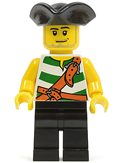 This LEGO minifigure is called, Pirate Green / White Stripes, Black Legs, Tricorne Hat . It's minifig ID is pi106.