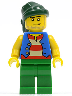 This LEGO minifigure is called, Pirate Blue Vest, Green Legs, Dark Green Bandana, Smirk and Stubble Beard . It's minifig ID is pi108.