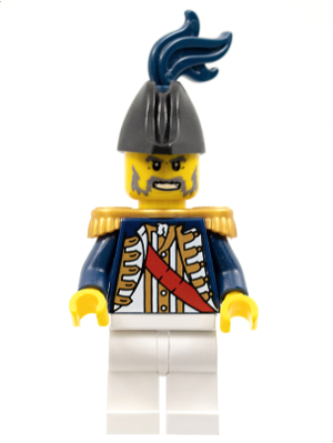 This LEGO minifigure is called, Imperial Soldier II, Captain, Pearl Gold Epaulettes, Dark Blue Plume . It's minifig ID is pi117.