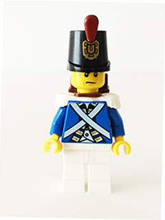 This LEGO minifigure is called, Bluecoat Soldier 4, Sweat Drops . It's minifig ID is pi155.