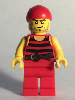 This LEGO minifigure is called, Pirate 5, Black and Red Stripes, Red Legs, Scar . It's minifig ID is pi166.