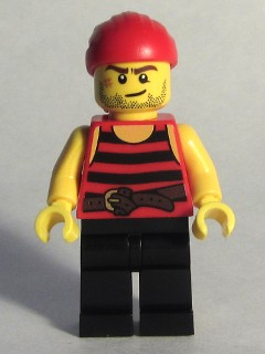 This LEGO minifigure is called, Pirate 6, Black and Red Stripes, Black Legs, Scar . It's minifig ID is pi167.