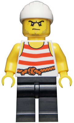 This LEGO minifigure is called, Pirate 8, Red and White Stripes, Black Legs, Scowl . It's minifig ID is pi169.