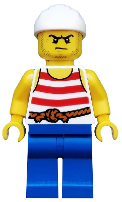 This LEGO minifigure is called, Pirate 9, Red and White Stripes, Blue Legs, Scowl . It's minifig ID is pi170.