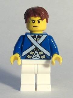 This LEGO minifigure is called, Bluecoat Soldier 5, Sweat Drops, Reddish Brown Hair . It's minifig ID is pi173.