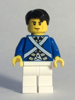 This LEGO minifigure is called, Bluecoat Soldier 6, Cheek Lines, Black Hair . It's minifig ID is pi174.