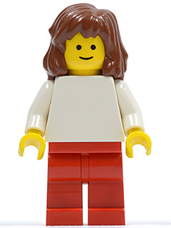 Display of LEGO City Plain White Torso with White Arms, Red Legs, Reddish Brown Mid-Length Female Hair