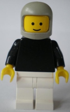 This LEGO minifigure is called, Plain Black Torso with Black Arms, White Legs, Light Gray Classic Helmet . It's minifig ID is pln152.