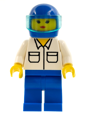 This LEGO minifigure is called, Shirt with 2 Pockets, Blue Legs, Blue Helmet, Trans-Light Blue Visor . It's minifig ID is rac011.