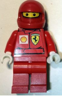 Display of LEGO Racers F1 Ferrari Pit Crew Member, with Shell Torso Stickers