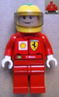 Display of LEGO Racers F1 Ferrari, F. Massa with Helmet Yellow Printed, with Torso Stickers Shell