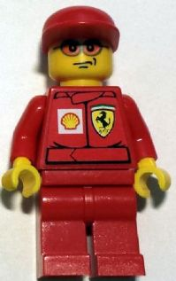 Display of LEGO Racers F1 Ferrari Engineer 3, with Shell Torso Stickers