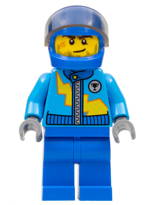 This LEGO minifigure is called, Dark Azure Race Jacket with Zipper and Yellow Lightning Bolt Pattern, Blue Helmet, Trans-Brown Visor . It's minifig ID is rac055.