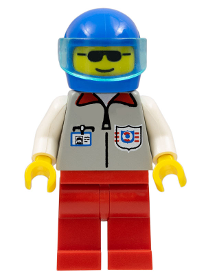 This LEGO minifigure is called, Coast Guard 1, Red Legs, Blue Helmet, Trans-Light Blue Visor . It's minifig ID is res004.