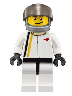 This LEGO minifigure is called, McLaren P1 Driver . It's minifig ID is sc003.