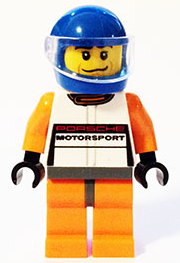 This LEGO minifigure is called, Porsche 911 GT Driver, Blue Helmet . It's minifig ID is sc008.