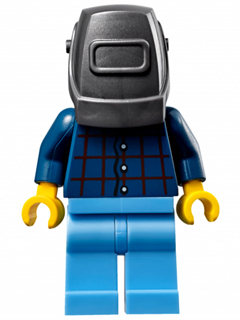 This LEGO minifigure is called, Mechanic, Male, Plaid Button Shirt, Medium Blue Legs, Pearl Dark Gray Welding Helmet, Frown and Sweat Drops . It's minifig ID is sc020.